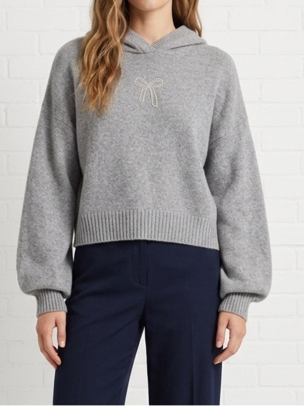 Hollister Gray Hooded Sweater Bow Detail Oversized Knit Pullover XS NWT